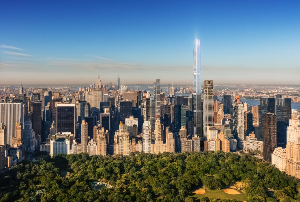 Exterior aerial view of New York City with Central Park Tower condominiums in the middle with central park in the front.