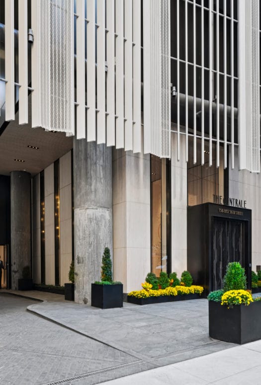 Entrance to The Centrale condos in NYC. Driveway running between buildings with potted shrubs and a doorman at the entrance.