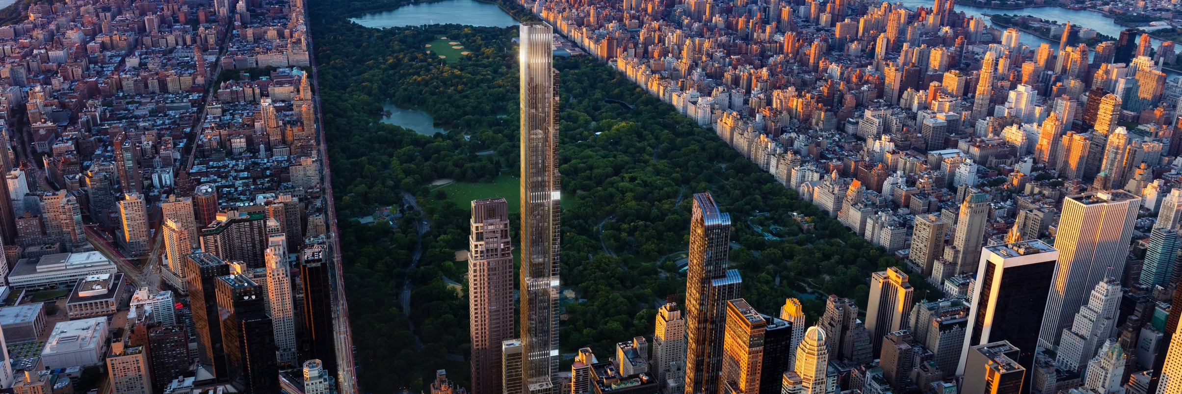 Exterior aerial view of Central Park Tower condominiums with surrounding New York City and Central Park.