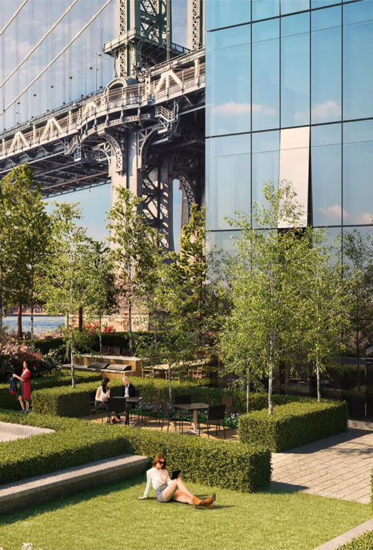 Garden at One Manhattan Square in New York. Separate lawn areas with hedge borders, stone walkways and wood treehouse.