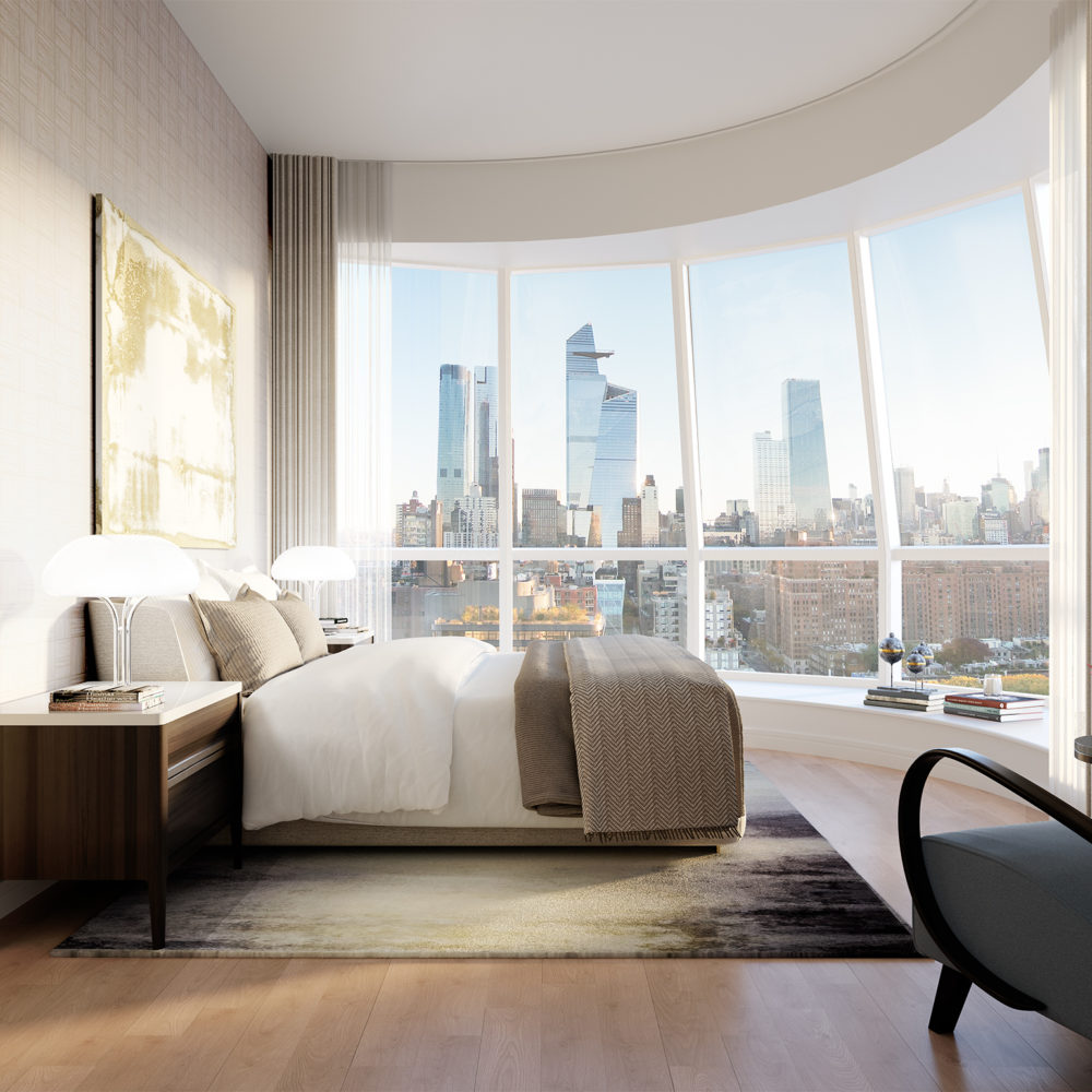 Interior view of Lantern House residence master bedroom with skyline view of NYC. Has wood floors and bed facing the window.