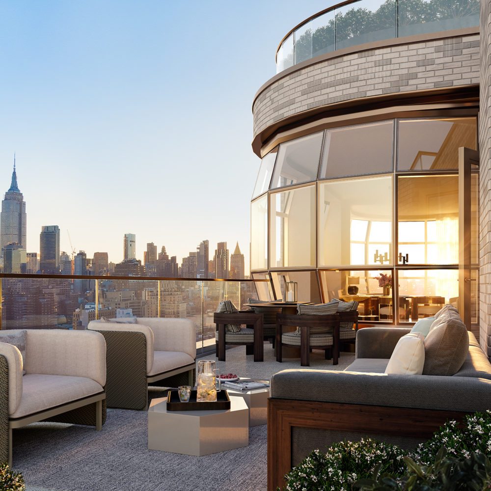Exterior view of Lantern House residence terrace in NYC. Has lounging furniture with a fireplace in the middle.
