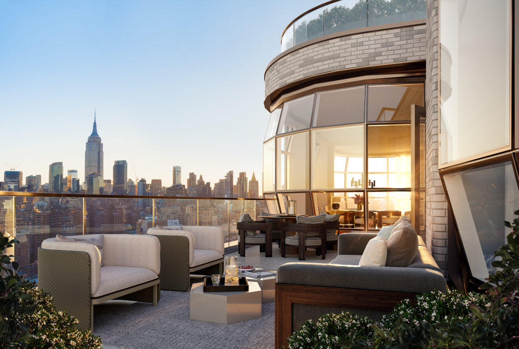 Exterior view of Lantern House residence terrace in NYC. Has lounging furniture with a fireplace in the middle.