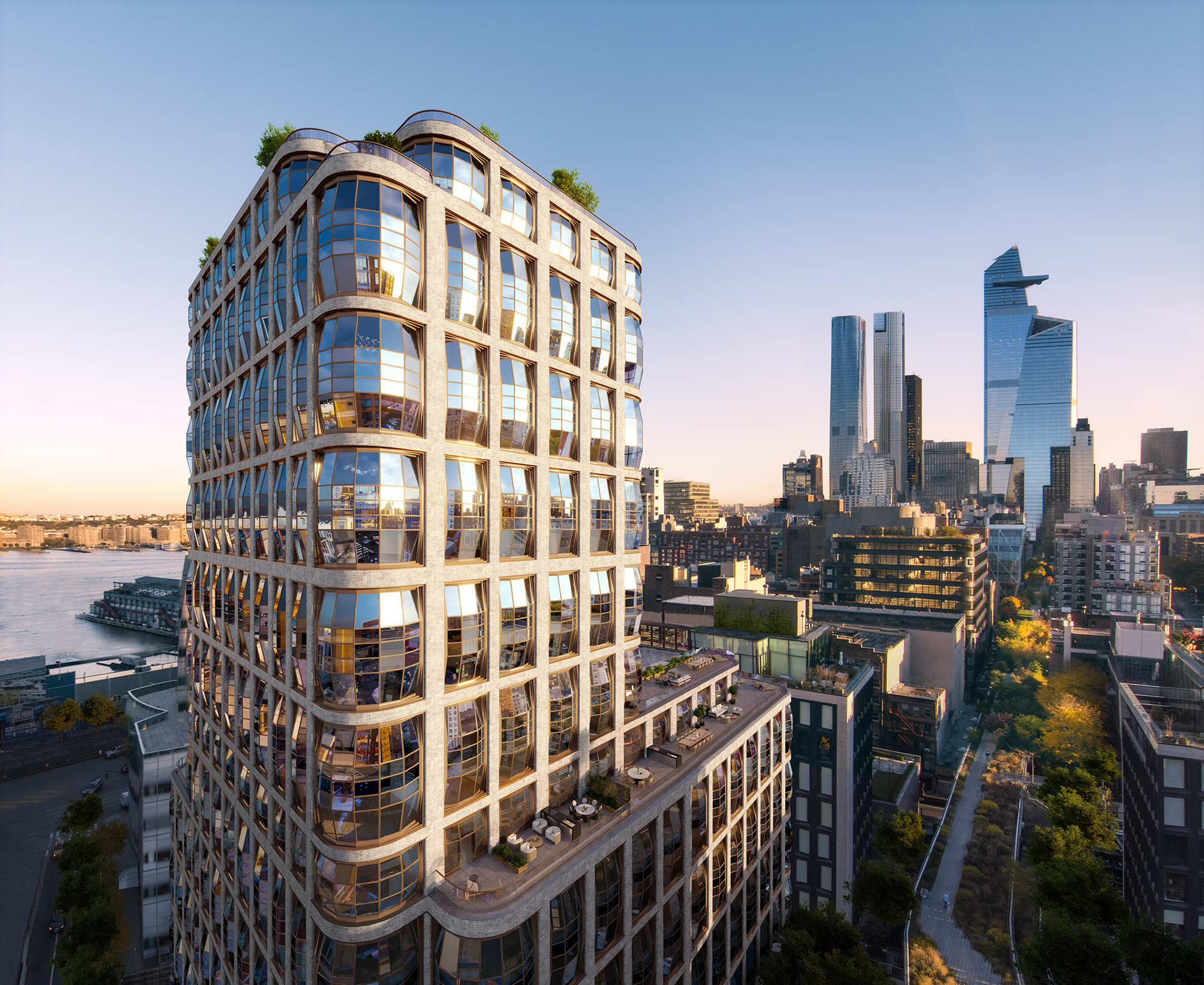 Exterior view of Lantern House luxury condos in New York. Rooftop pool, residence patios, and city skyline in the distance.