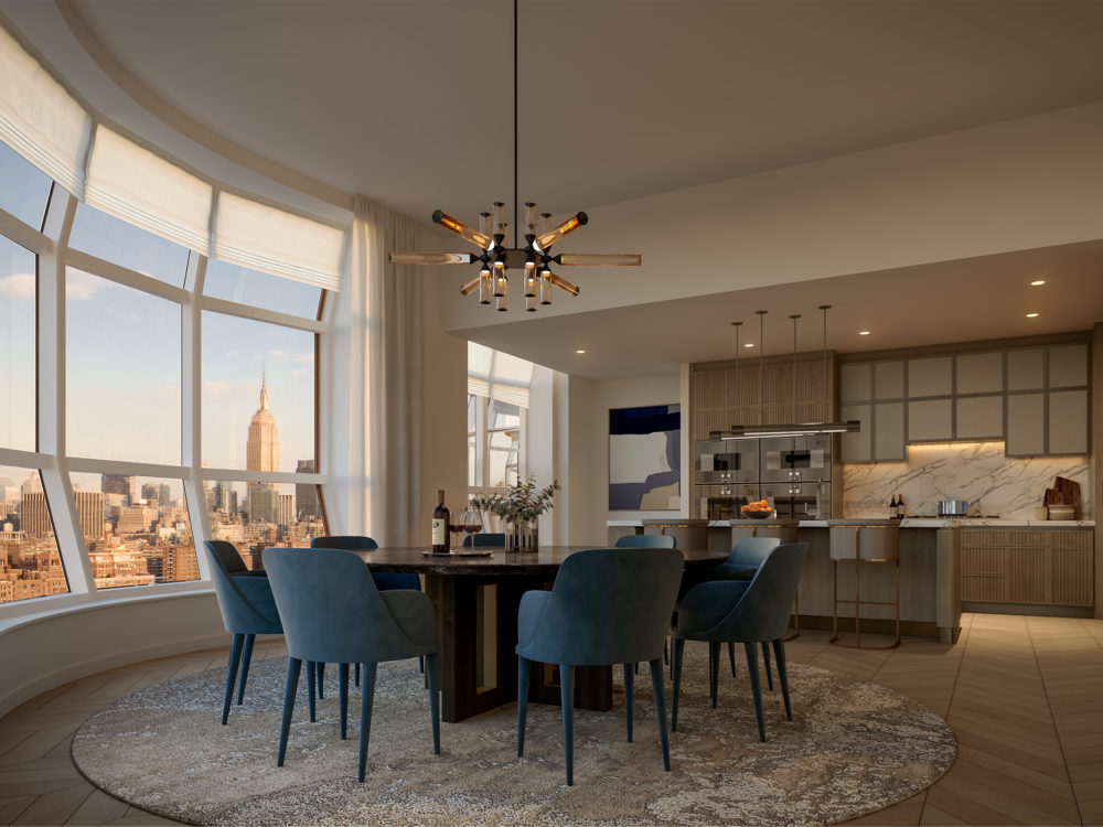 Interior view of Lantern House residence dining room with rounded window view of NYC. Has a table dining set on a rug.