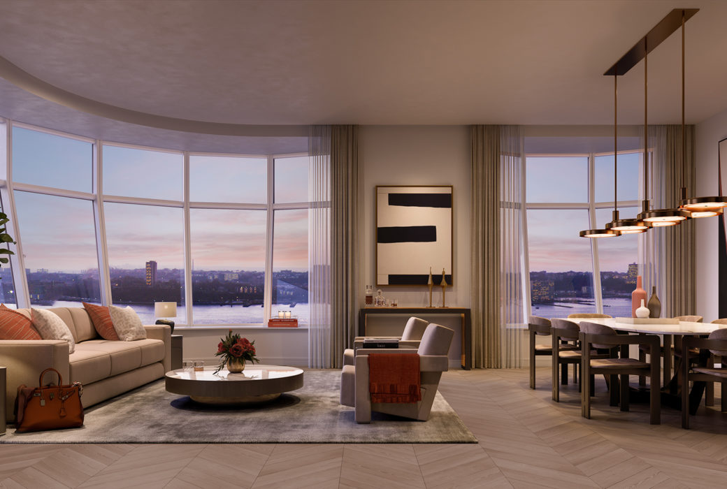Interior view of Lantern House residence corner living room. Has window view of NYC and wood floors.