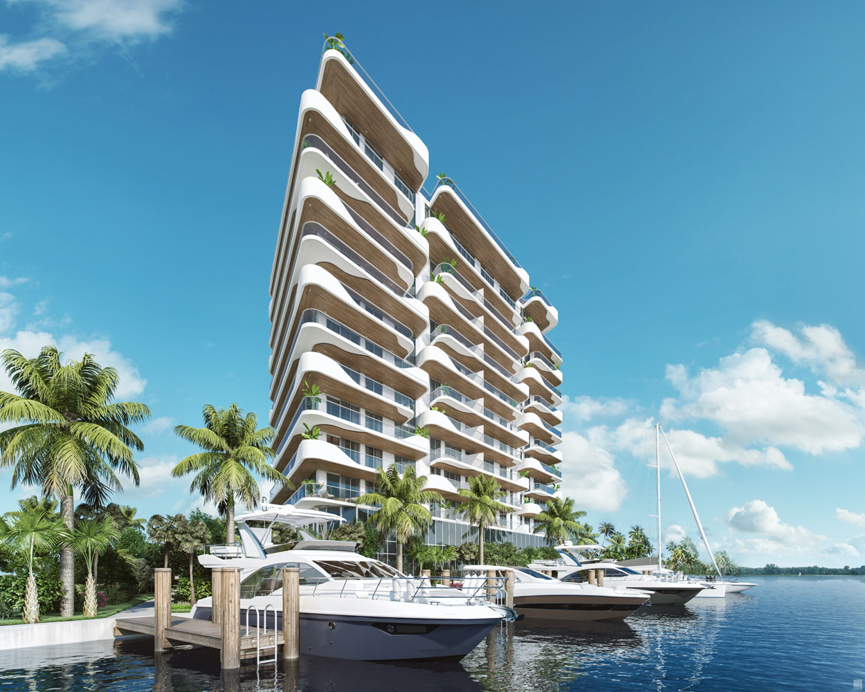 View of Monaco Yacht Club luxury residences in Miami taken from the docks with boats and palm trees in the forefront.