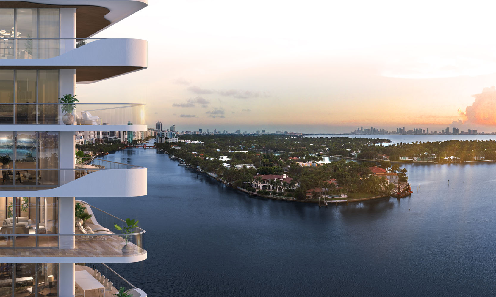 Bird's eye view of Monaco Yacht Club residence balcony with waterfront view. Has view of Miami beach.