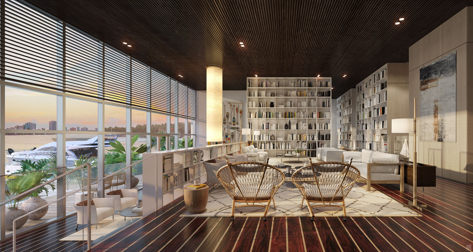 Interior view of Monaco Yacht Club residence library with window view of the ocean. Has dark wood floors and bookshelves.