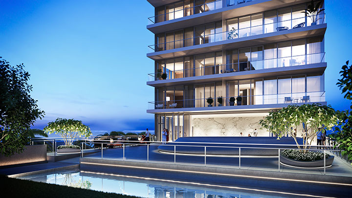Exterior aerial view of 2000 Ocean condominium with a view podium deck and pool located in Hallandale Beach, Florida.