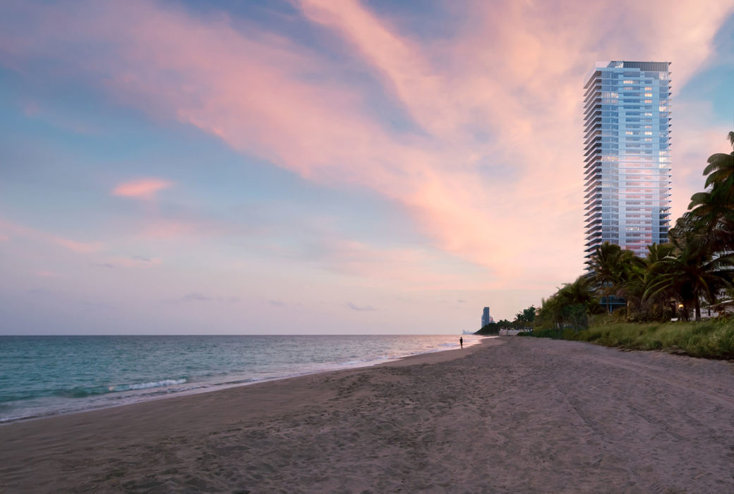 Exterior view of 2000 Ocean condominium with a view of the ocean during the day located in Hallandale Beach, Florida.