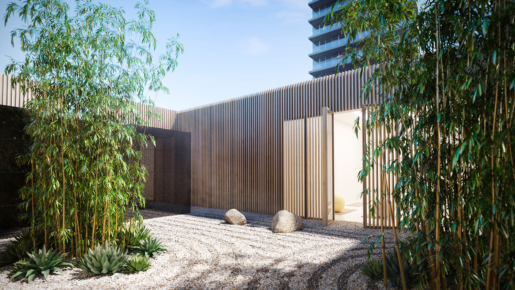 Exterior view of 2000 Ocean residence spa located in Miami. Shows a wooden exterior with surrounding plant decorations.