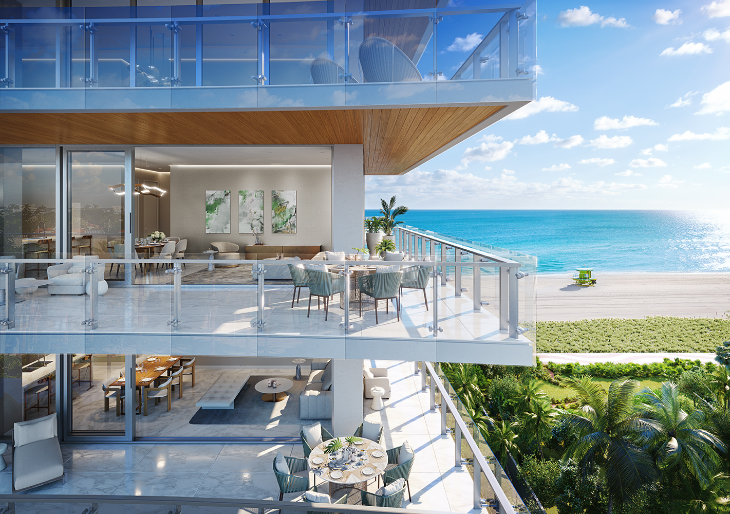 Exterior view of 57 Ocean residence balcony in Miami. Has view of oceanfront, trees and two residence balconies.