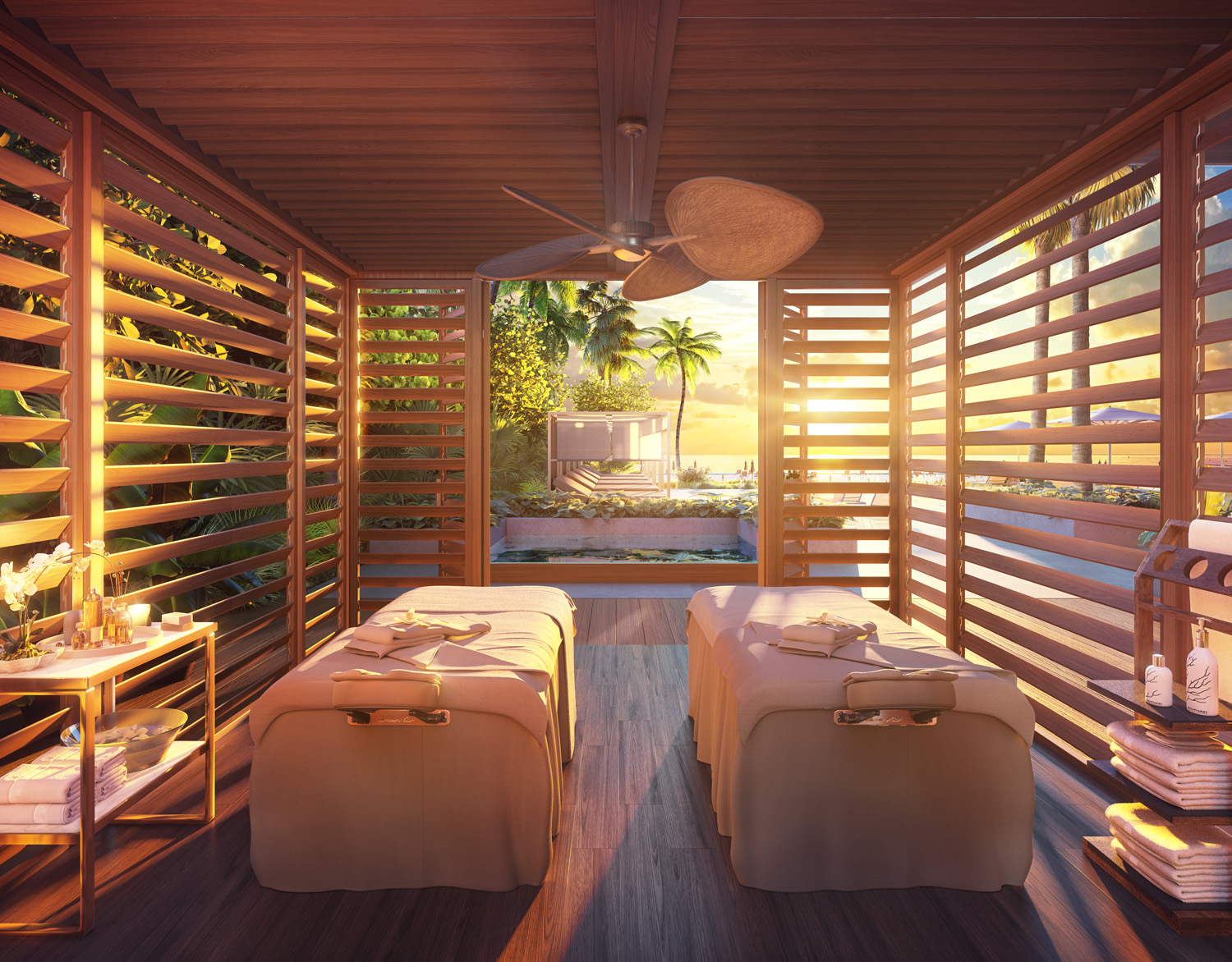 Interior view of 57 Ocean residence outdoor spa area in Miami. Has two massage tables and open wooden walls.
