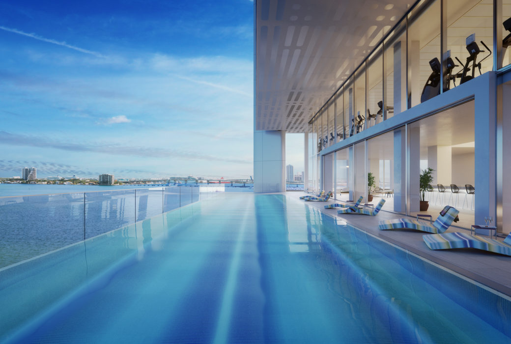 Exterior view of terrace infinity pool at Missoni Baia townhouse with oceanfront and Biscayne Bay views.