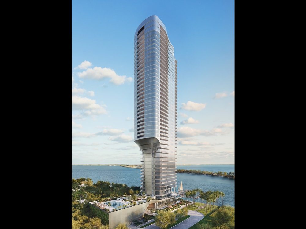 Rendering of Una Residences luxury condominium in Miami. High rise luxury condo overlooking a marina and Biscayne Bay.