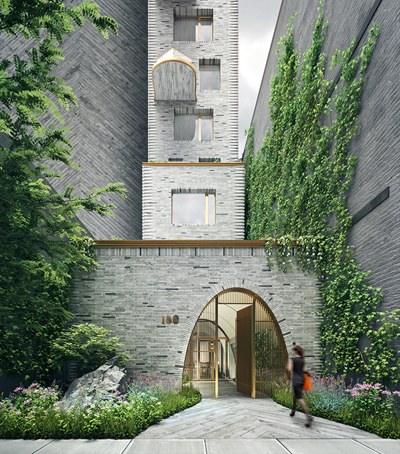 Canopy entrance to 180 E 88th street condominiums in New York City. Has grey brick walls with green vines up the side.