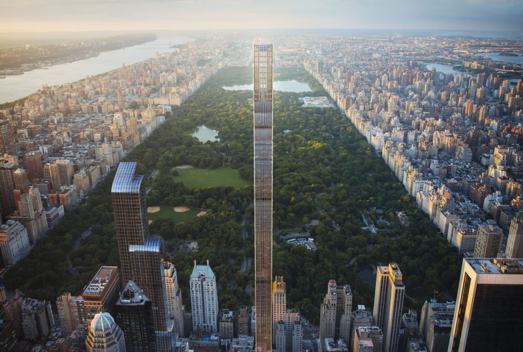 Aerial image of 111 West 57th street condominiums includes a view of Central Park and other buildings in New York City.