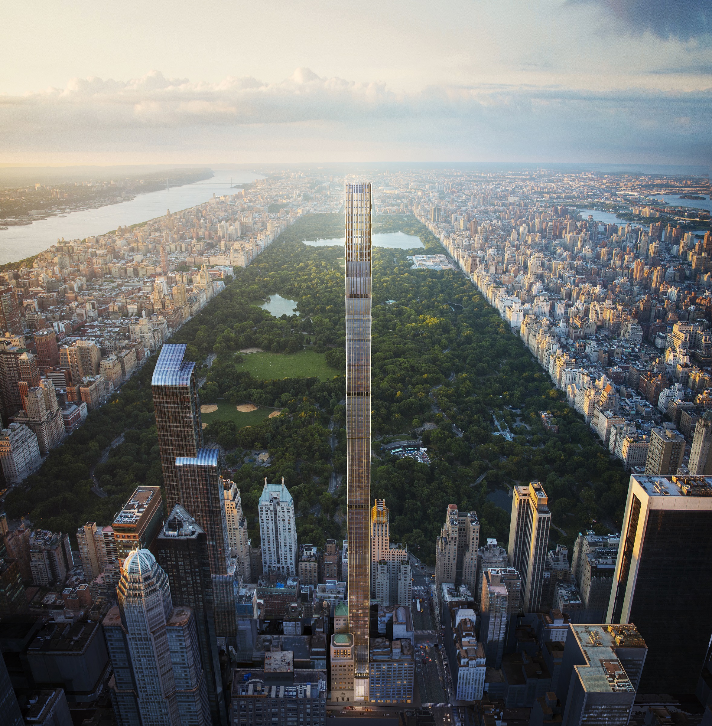 Aerial image of 111 West 57th street condominiums includes a view of Central Park and other buildings in New York City.