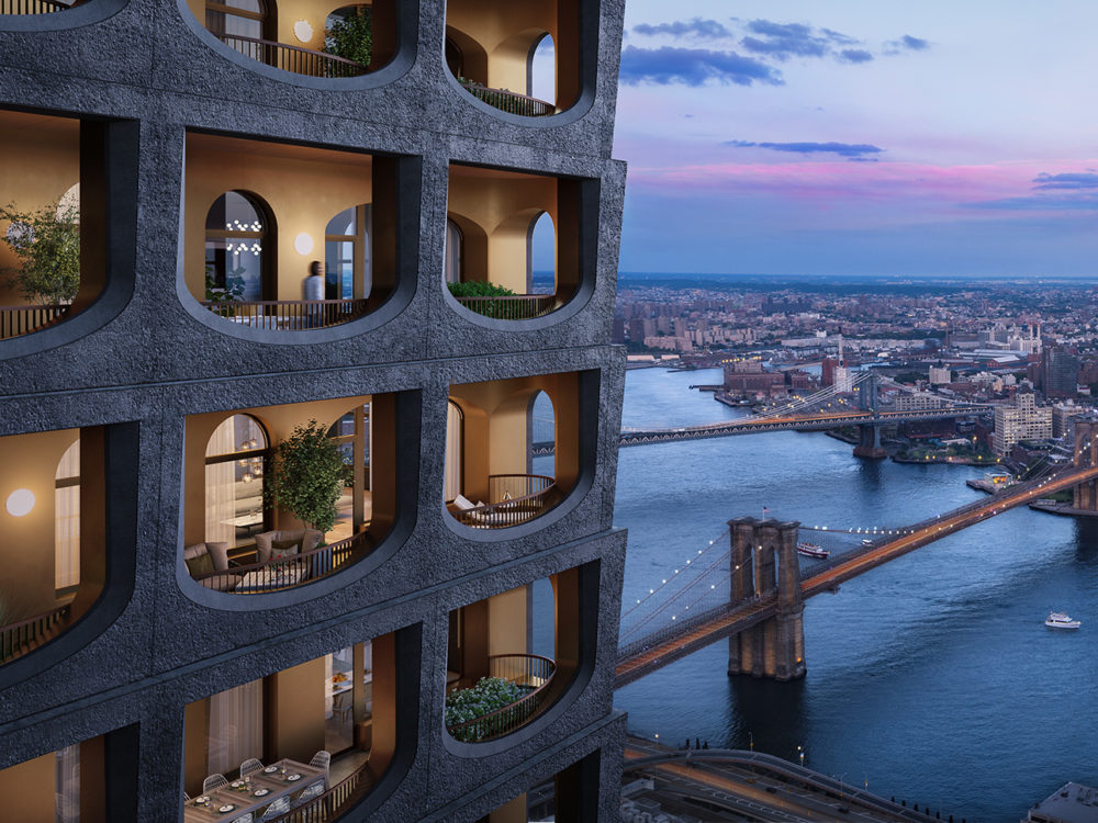 Exterior of 130 William residential condo tower in New York. Side view of condo tower with Brooklyn Bridge in the background.