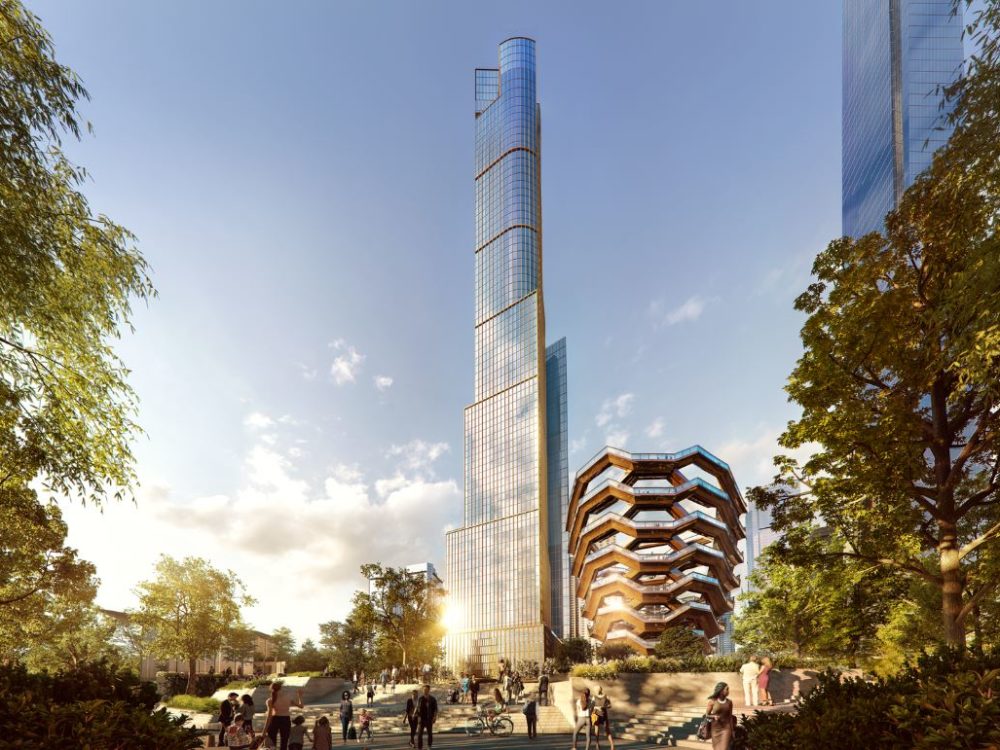 Exterior ground view of 35 Hudson Yards in New York City. Includes view of golden building and trees surrounding the sides.