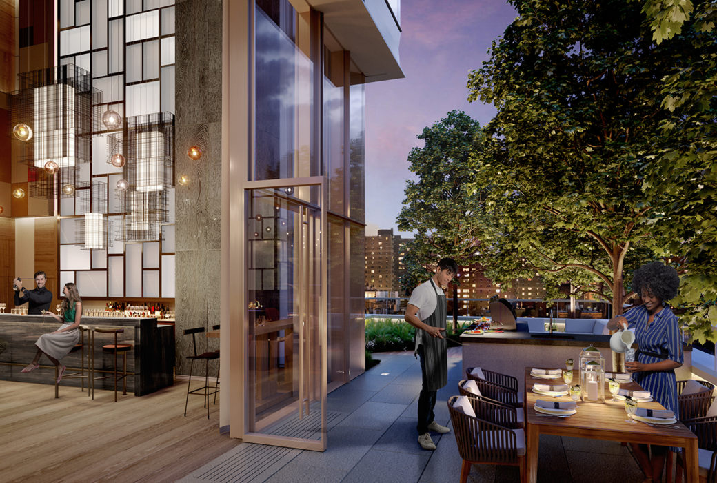 Exterior view of Brooklyn Point residence inside and outside terrace bar. Has elegant furniture and light walls.