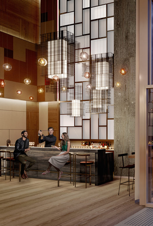 Exterior view of Brooklyn Point residence inside and outside terrace bar. Has elegant furniture and light walls.