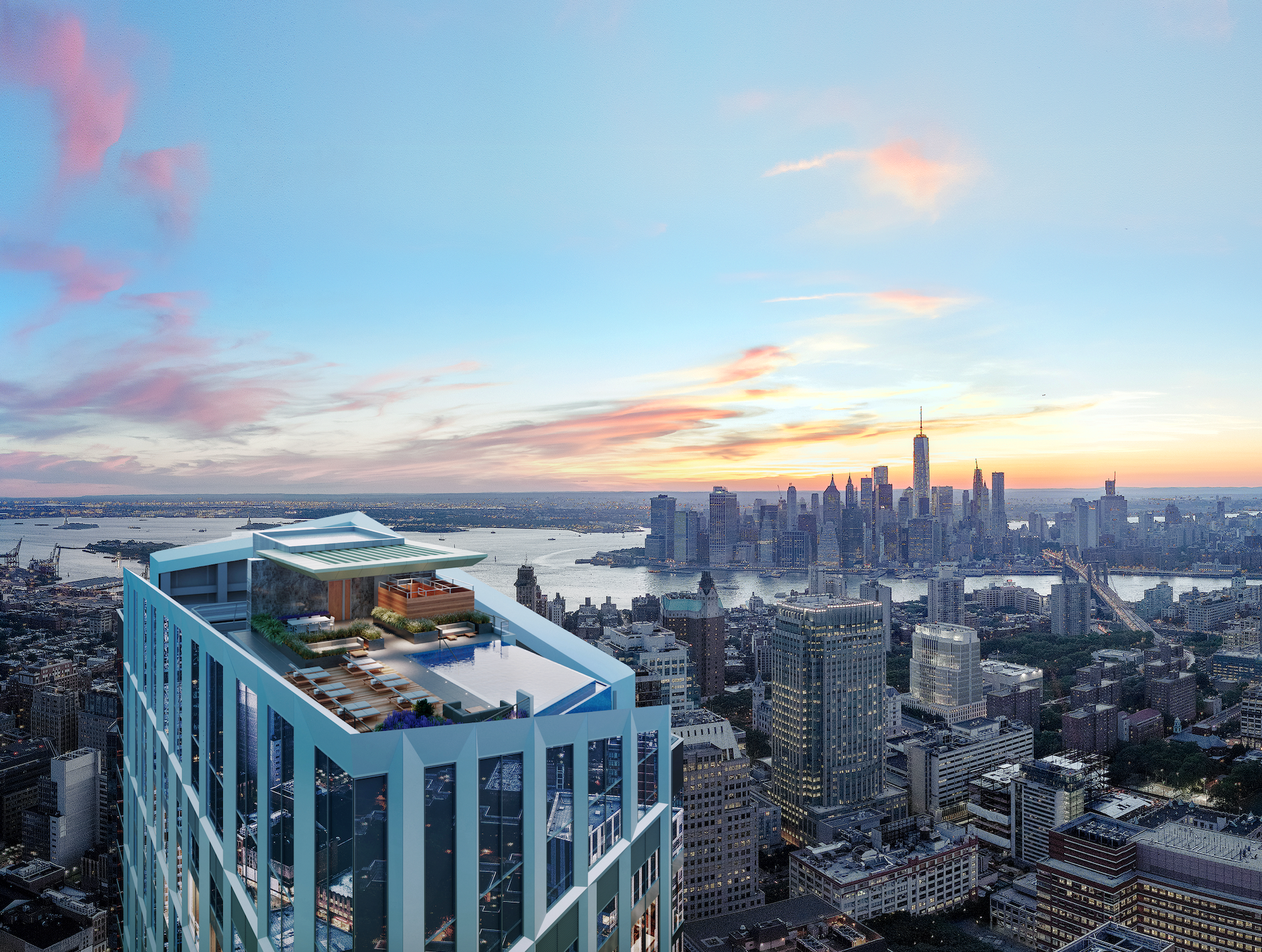 Extell Development Company Exterior aerial view of Brooklyn Point condominiums rooftop pool. Has view of Brooklyn, New York in the background.