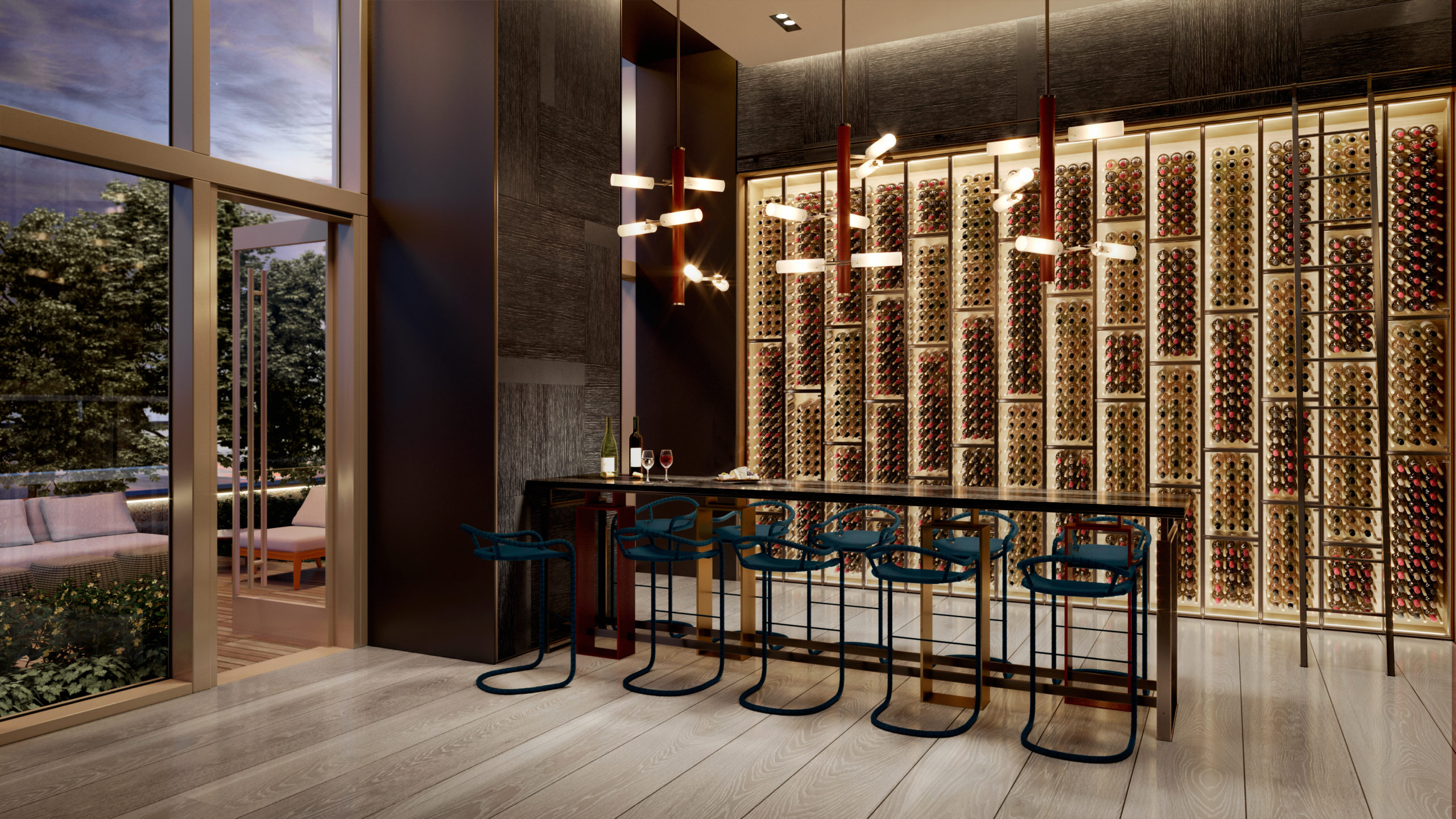 Wine room at Brooklyn Point condominiums in New York. Glass walls with view of the wine collection and the private patio.