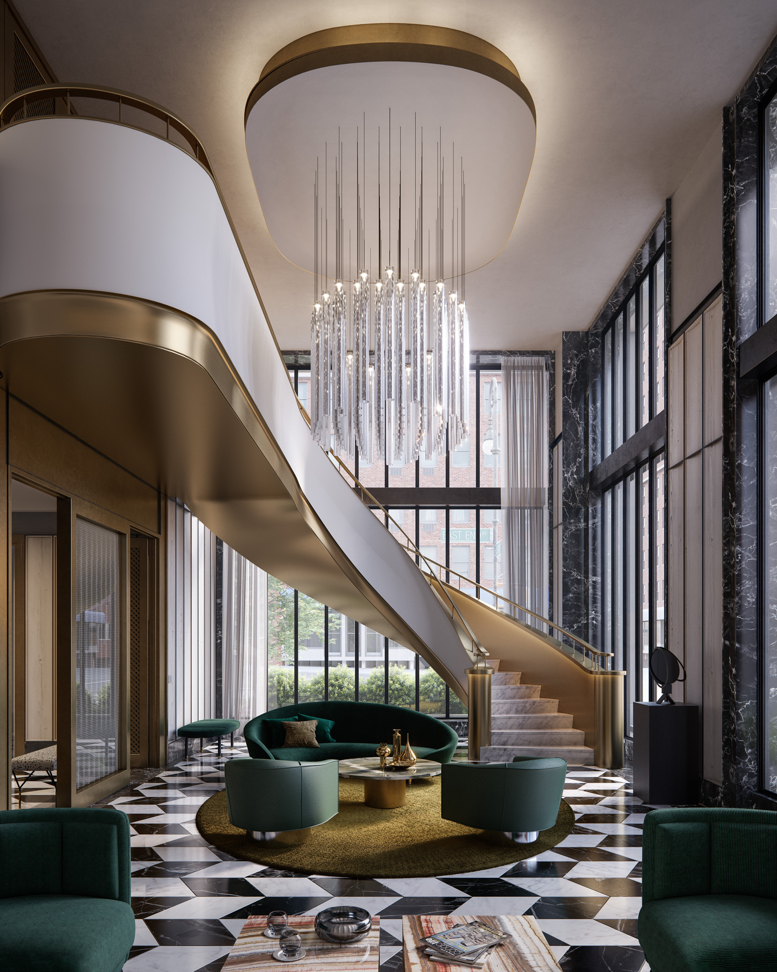 Interior view of 40 East End Ave residence south longue in NYC. Has green chairs, grand staircase and chandelier centerpiece.