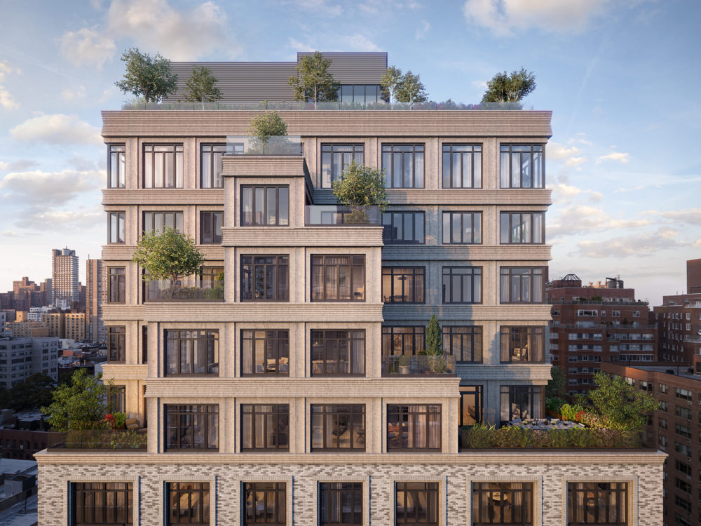 Exterior aerial view of detailed architecture of 40 East End Ave condominiums in NYC. Includes day view and windows.