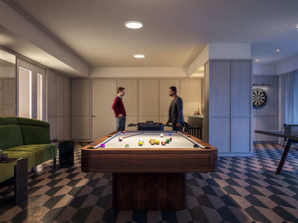 Interior view of recreation room inside 40 East End Ave condominiums in NYC. Has checkered floor, couches, and a pool table.