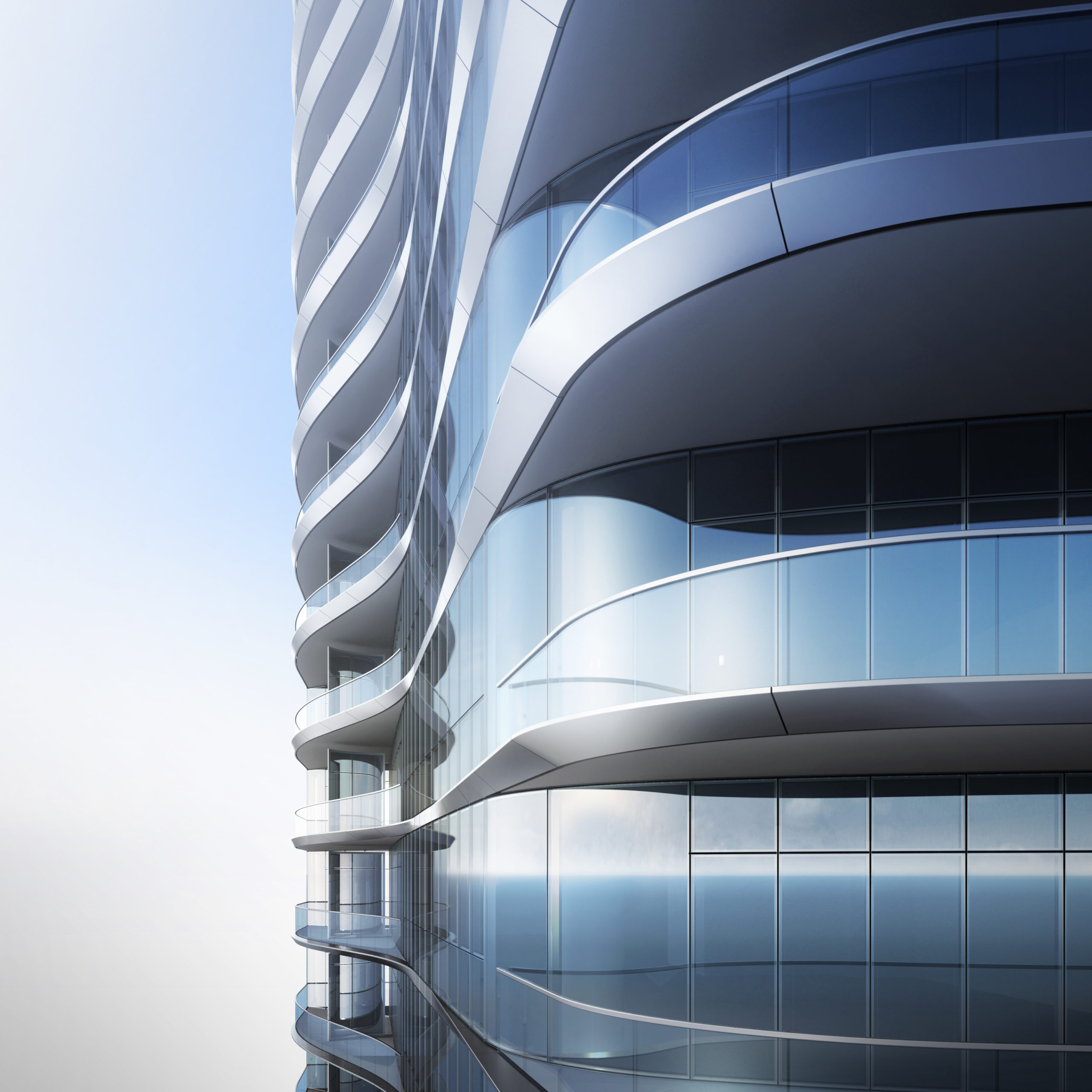 Exterior view of condo balconies at Una Residences in Miami. Metal sided balcony with glass railings and glass walls.