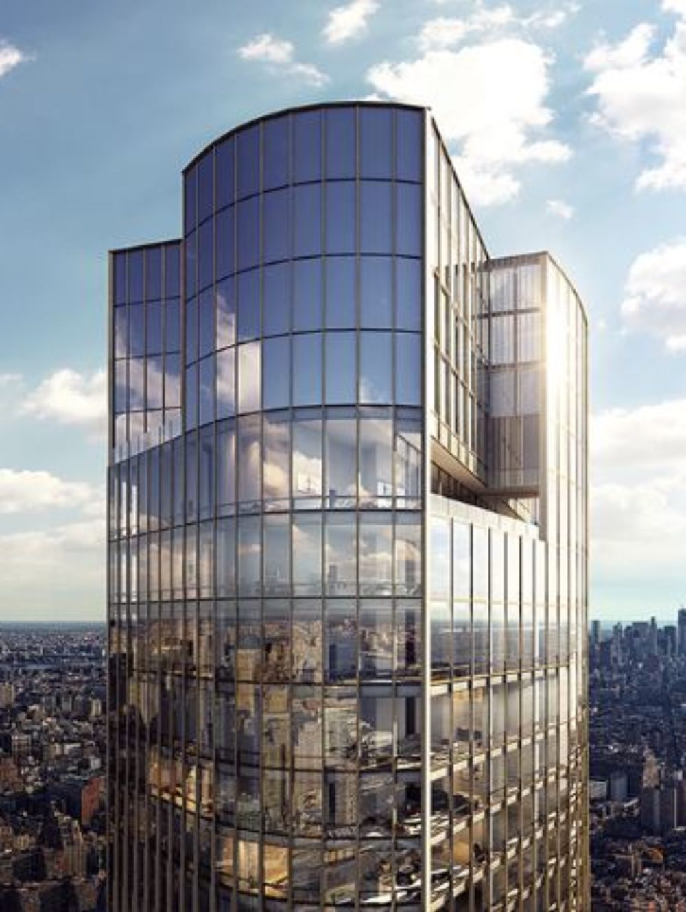Exterior skyline view of 35 Hudson Yards condominiums in New York City. Includes view of river and NYC during the day.