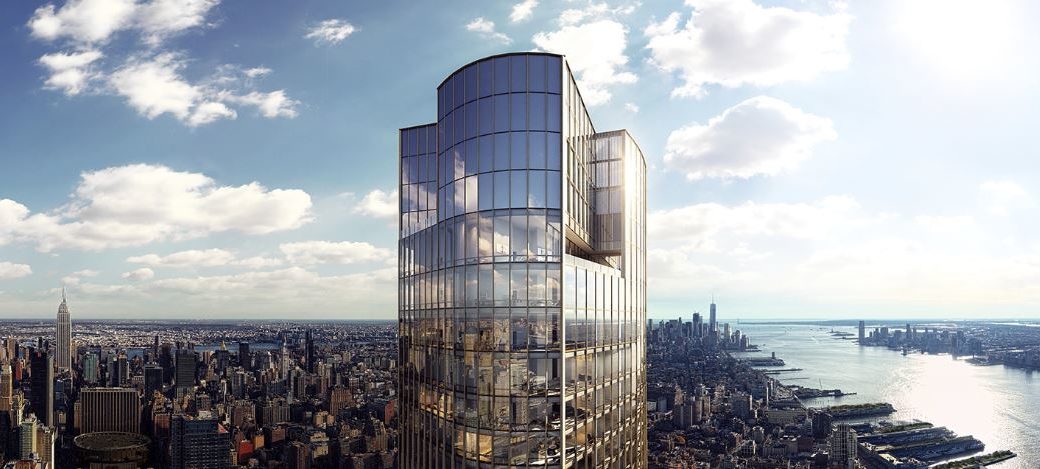 Exterior skyline view of 35 Hudson Yards condominiums in New York City. Includes view of river and NYC during the day.