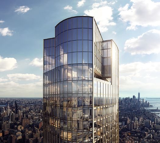 Exterior skyline view of 35 Hudson Yards condominiums in New York City. Includes view of river and NYC during the day.
