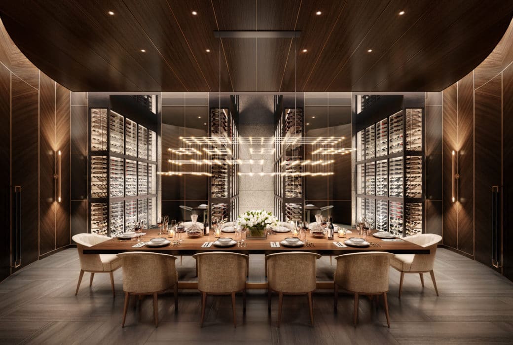 Private dining room with a wine cellar including dark brown walls and dark furniture in 108 Leonard in New York City.