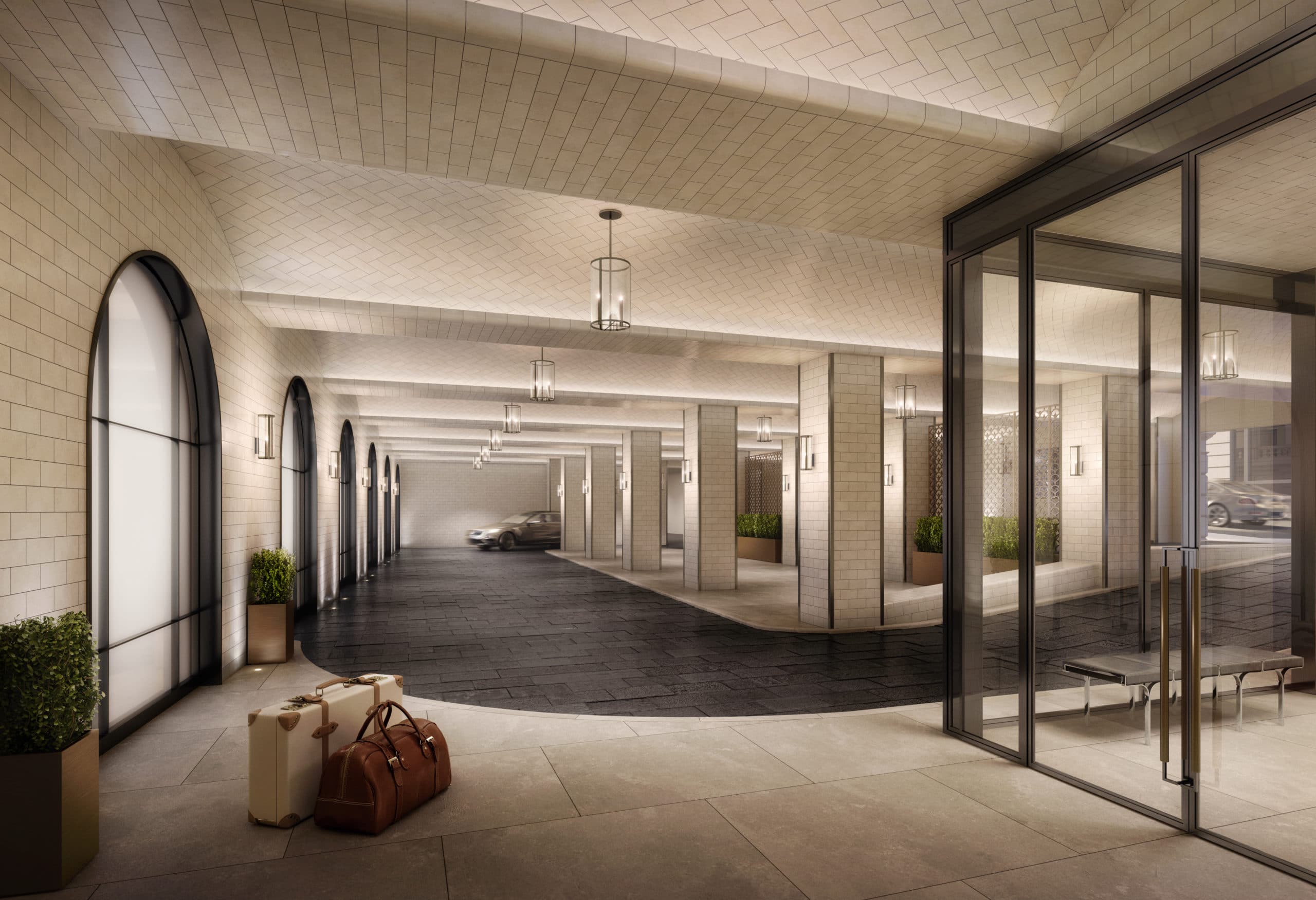 Interior view of reception area inside 108 Leonard with beige walls and transparent glass windows in New York City.