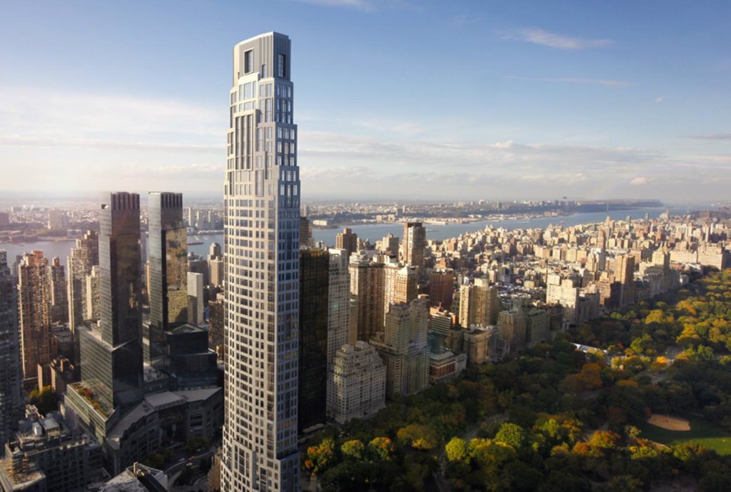 Birds eye view of 220 Central Park South luxury condos in NYC. Residential tower next to Central Park with city skyline.