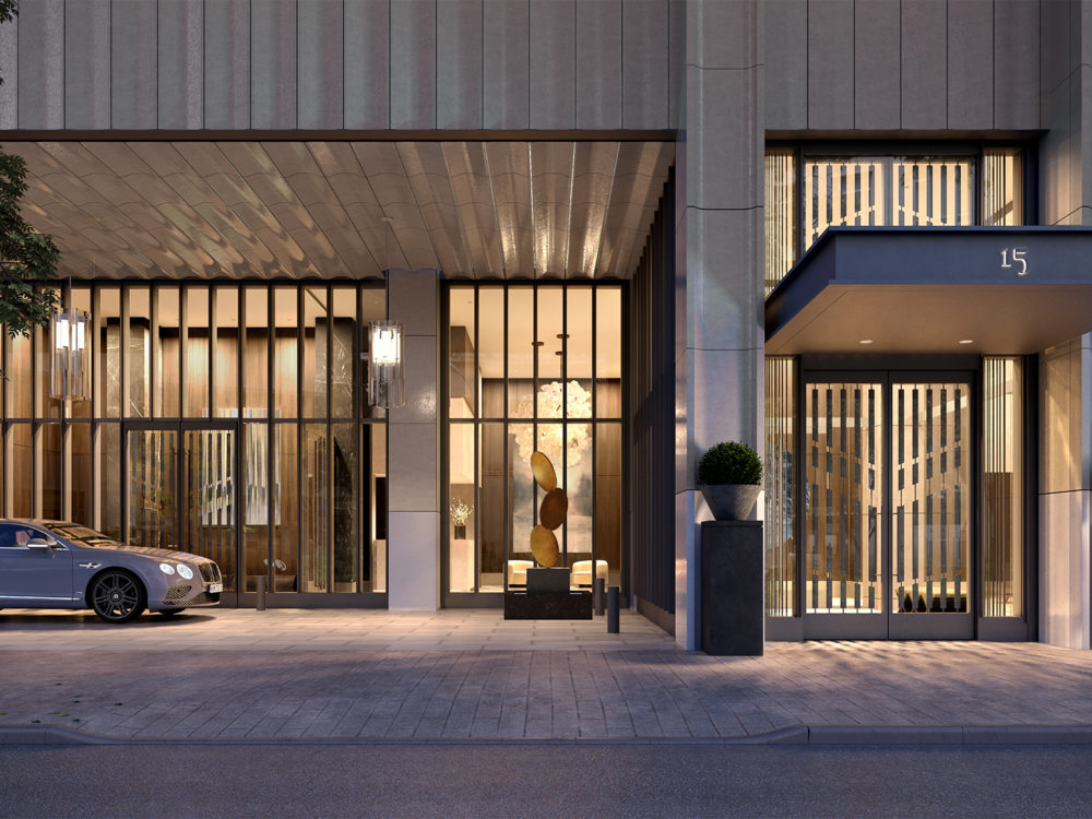 Street view of the Park Loggia luxury condos entrance in NYC. White building with tall windows and covered double doors.