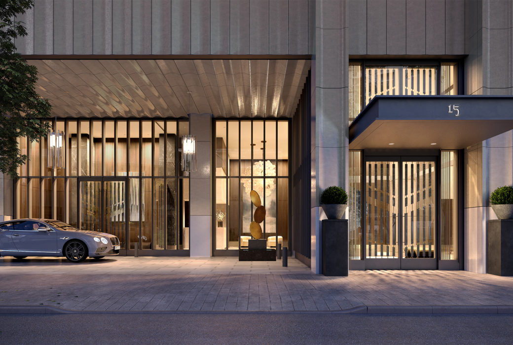 Street view of the Park Loggia luxury condos entrance in NYC. White building with tall windows and covered double doors.