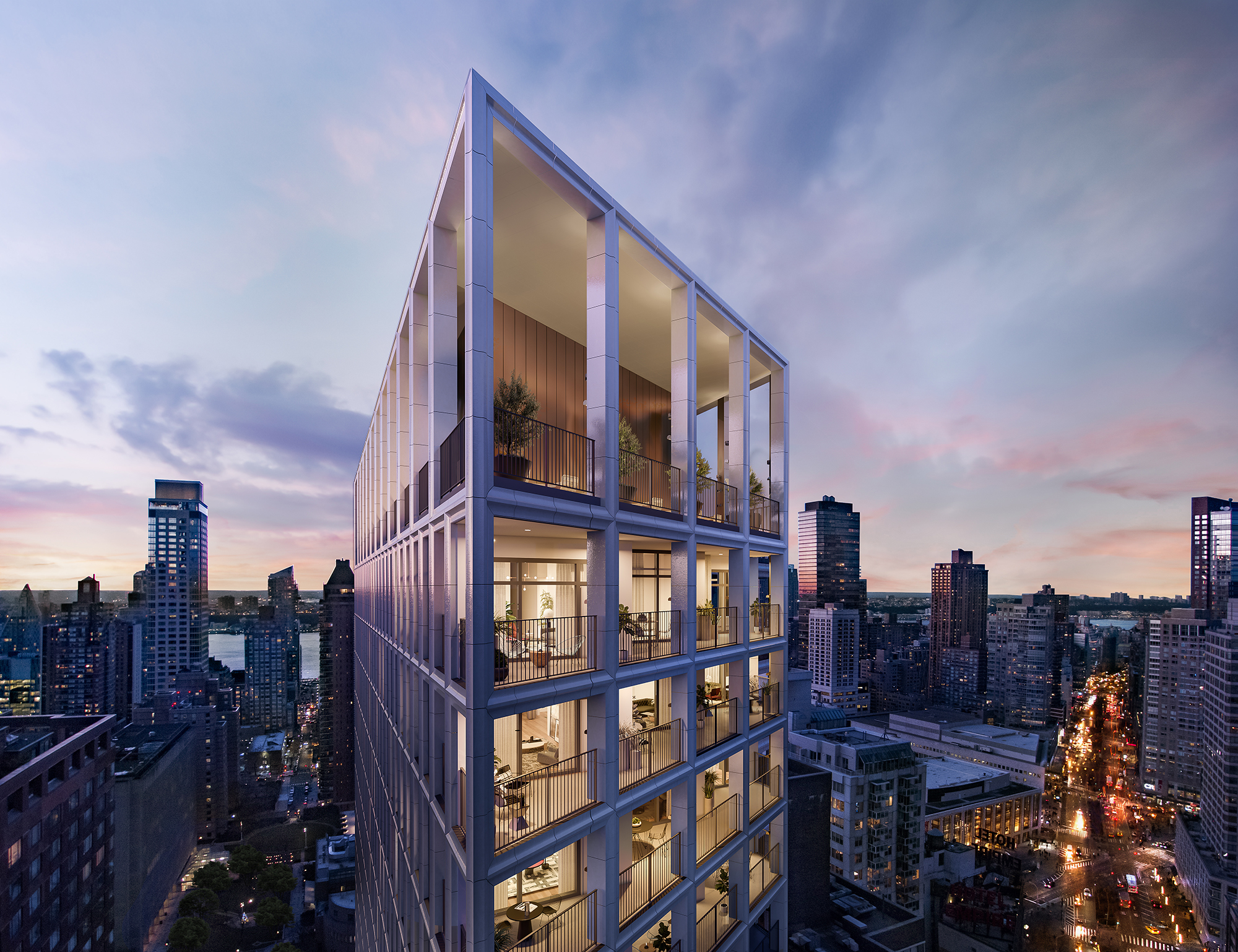 Rendering of the Park Loggia's penthouse and rooftop terrace in New York. Open air terrace with wrap around city views.