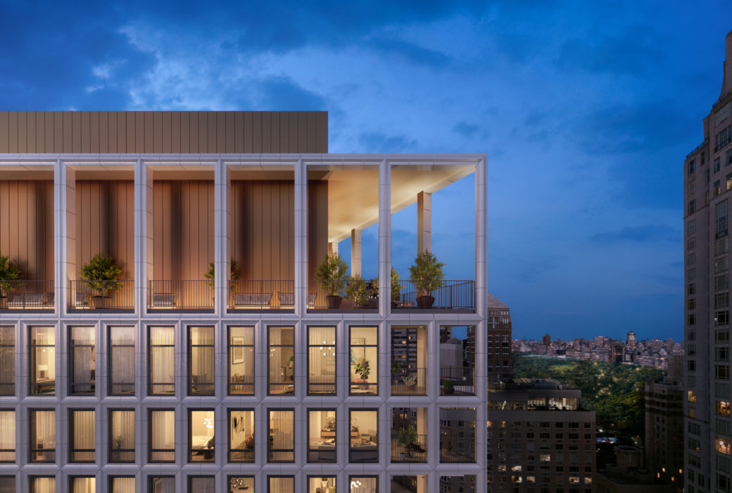 Exterior view of Park Loggia's rooftop terrace. Open air terrace bordered by potted plants and great views of New York City.