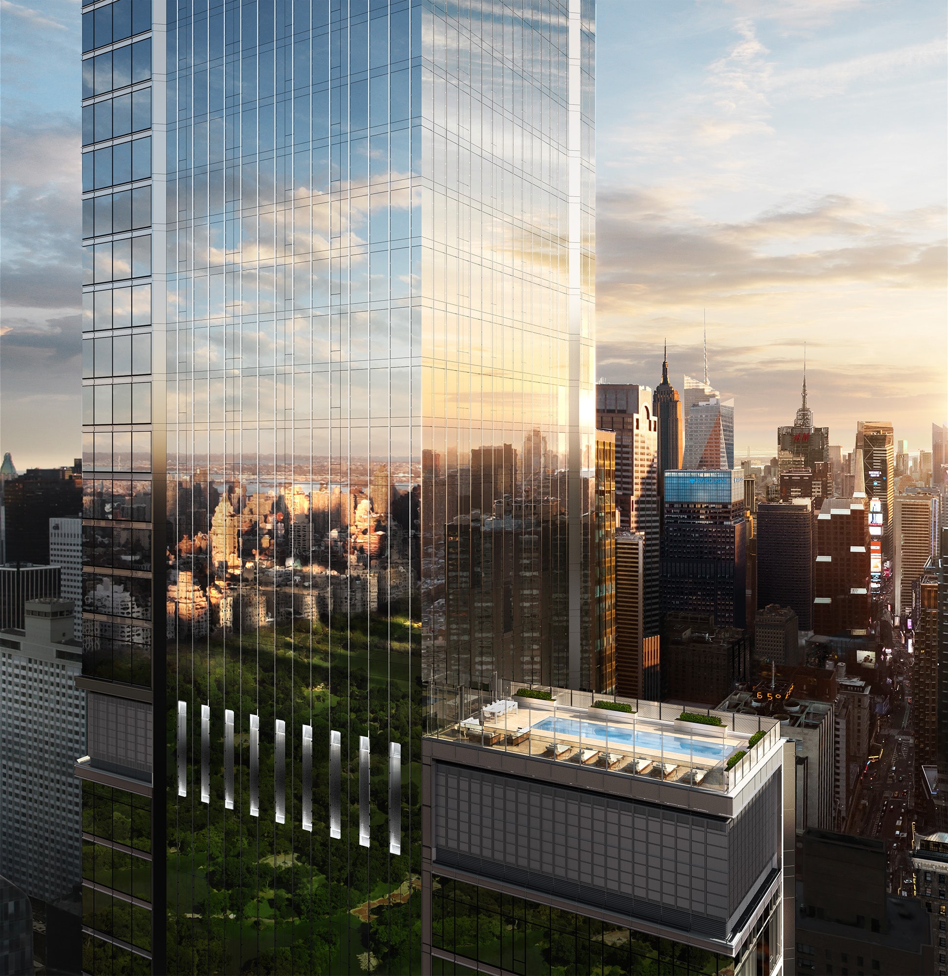 Upper view of Central Park Tower luxury condominiums and pool in NYC. Background of skyline and high rises in New York.