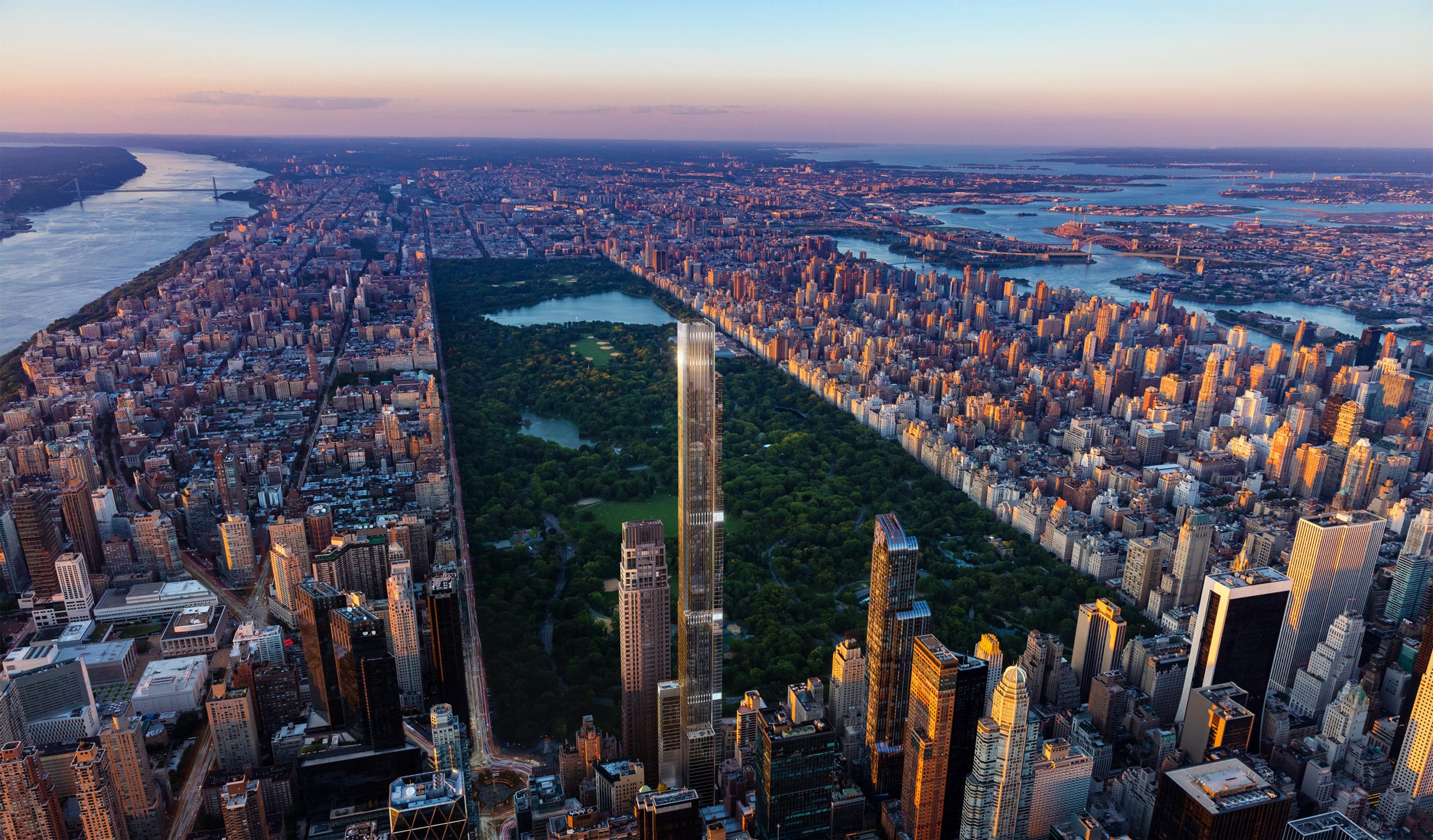 Exterior aerial view of Central Park Tower condominiums with New York City Surrounding central park.