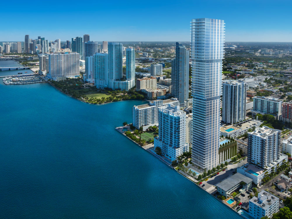 Exterior view of Elysee condominiums with view of Biscayne Bay. Has view of surrounding Miami buildings.