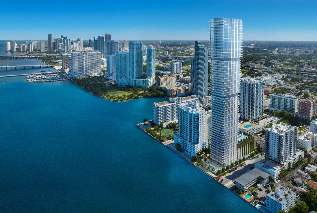 Exterior view of Elysee condominiums with view of Biscayne Bay. Has view of surrounding Miami buildings.