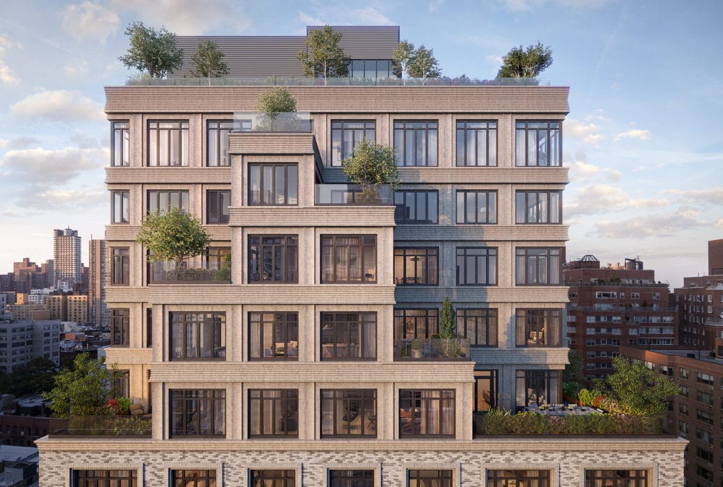 Exterior aerial view of detailed architecture of 40 East End Ave condominiums in NYC. Includes day view and windows.