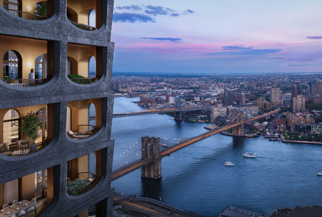 Close up exterior of 130 William condominiums in New York City. View of building windows, river and bridge during the sunset.