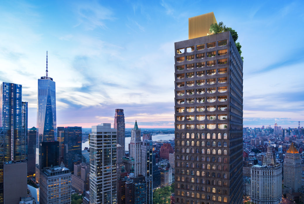 Exterior aerial view of 130 William condominiums in New York City. Includes surrounding buildings and daytime sky.